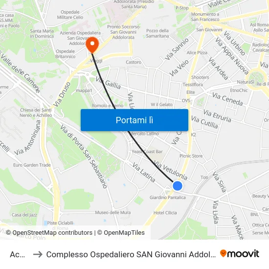 Acaia to Complesso Ospedaliero SAN Giovanni Addolorata map