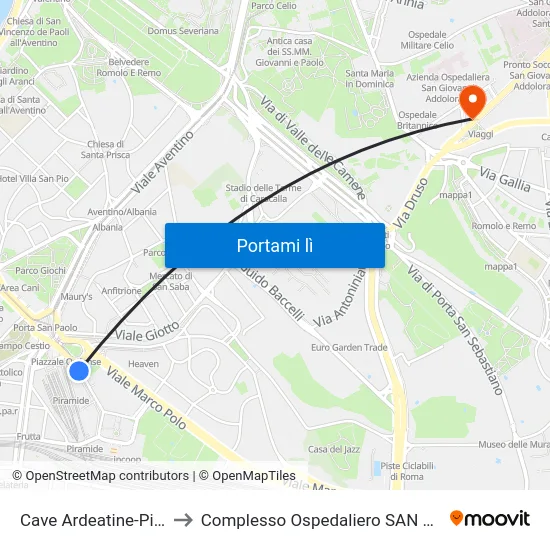 Cave Ardeatine-Piramide (Mb) to Complesso Ospedaliero SAN Giovanni Addolorata map