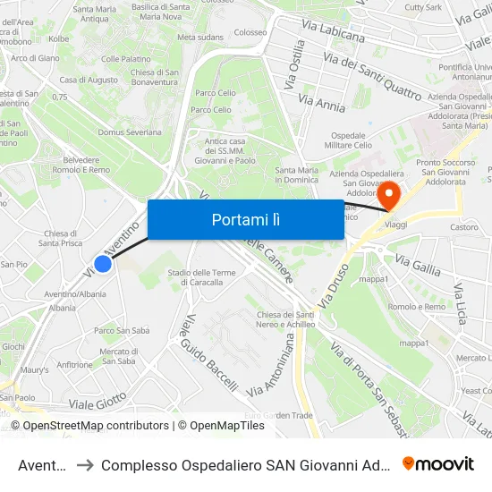 Aventino to Complesso Ospedaliero SAN Giovanni Addolorata map