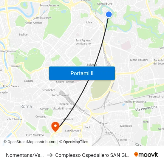 Nomentana/Val D'Ossola to Complesso Ospedaliero SAN Giovanni Addolorata map