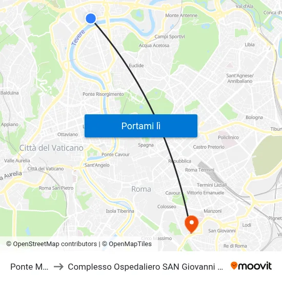 Ponte Milvio to Complesso Ospedaliero SAN Giovanni Addolorata map