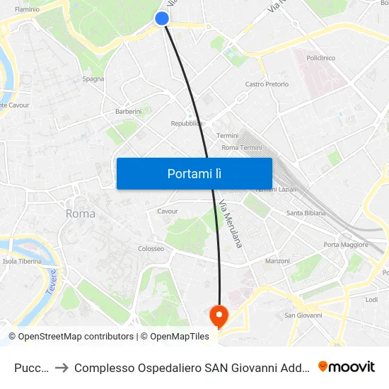 Puccini to Complesso Ospedaliero SAN Giovanni Addolorata map