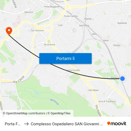 Porta Furba to Complesso Ospedaliero SAN Giovanni Addolorata map