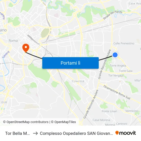 Tor Bella Monaca to Complesso Ospedaliero SAN Giovanni Addolorata map
