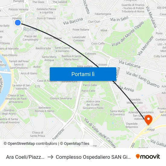 Ara Coeli/Piazza Venezia to Complesso Ospedaliero SAN Giovanni Addolorata map