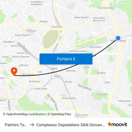 Palmiro Togliatti to Complesso Ospedaliero SAN Giovanni Addolorata map