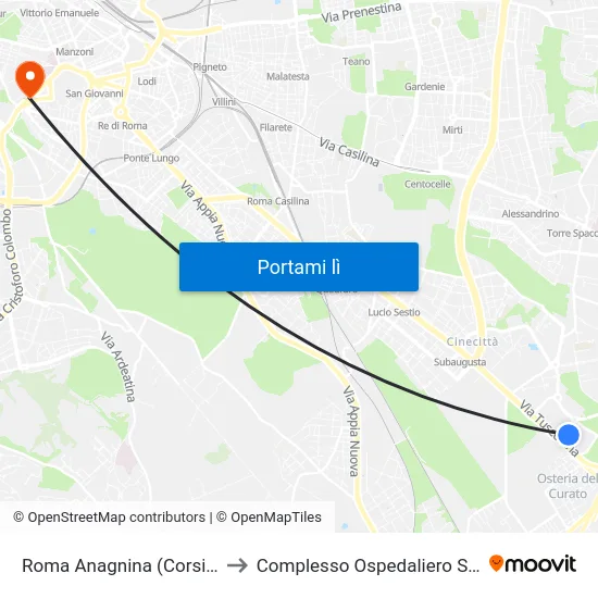 Roma Anagnina (Corsia 11 Partenze Cotral) to Complesso Ospedaliero SAN Giovanni Addolorata map
