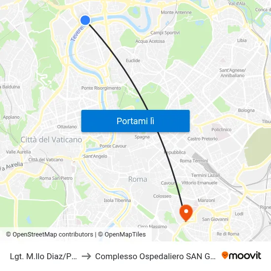 Lgt. M.llo Diaz/Ponte Milvio to Complesso Ospedaliero SAN Giovanni Addolorata map