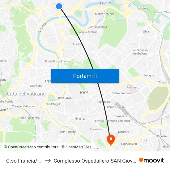 C.so Francia/Flaminia to Complesso Ospedaliero SAN Giovanni Addolorata map