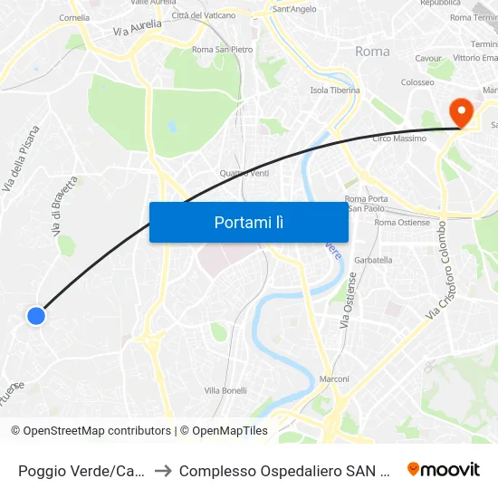 Poggio Verde/Casetta Mattei to Complesso Ospedaliero SAN Giovanni Addolorata map