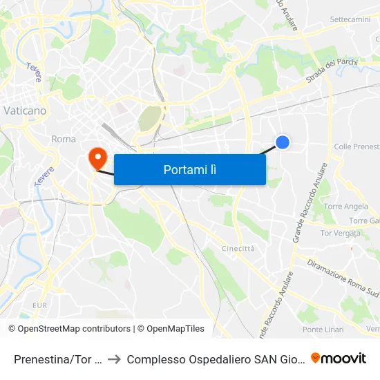 Prenestina/Tor Tre Teste to Complesso Ospedaliero SAN Giovanni Addolorata map