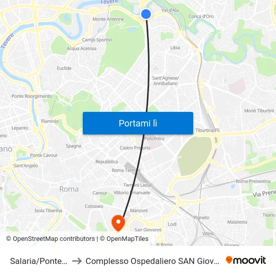 Salaria/Ponte Salario to Complesso Ospedaliero SAN Giovanni Addolorata map