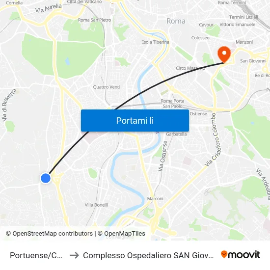 Portuense/Casaletto to Complesso Ospedaliero SAN Giovanni Addolorata map