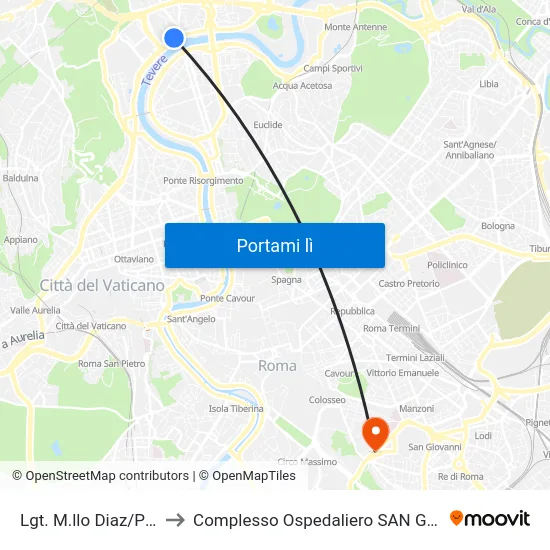 Lgt. M.llo Diaz/Ponte Milvio to Complesso Ospedaliero SAN Giovanni Addolorata map