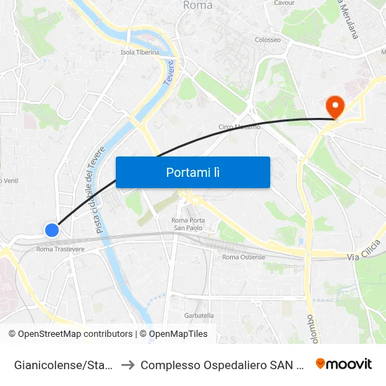 Gianicolense/Staz. Trastevere to Complesso Ospedaliero SAN Giovanni Addolorata map