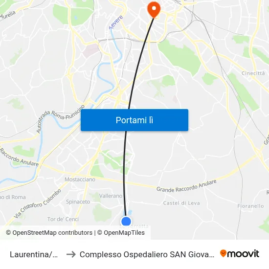 Laurentina/Trigoria to Complesso Ospedaliero SAN Giovanni Addolorata map