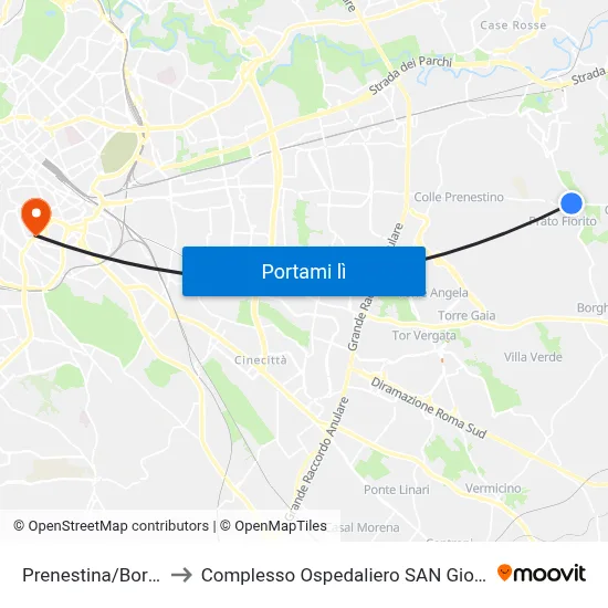 Prenestina/Borghesiana to Complesso Ospedaliero SAN Giovanni Addolorata map