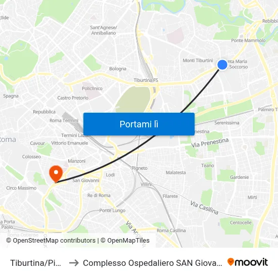 Tiburtina/Pietralata to Complesso Ospedaliero SAN Giovanni Addolorata map