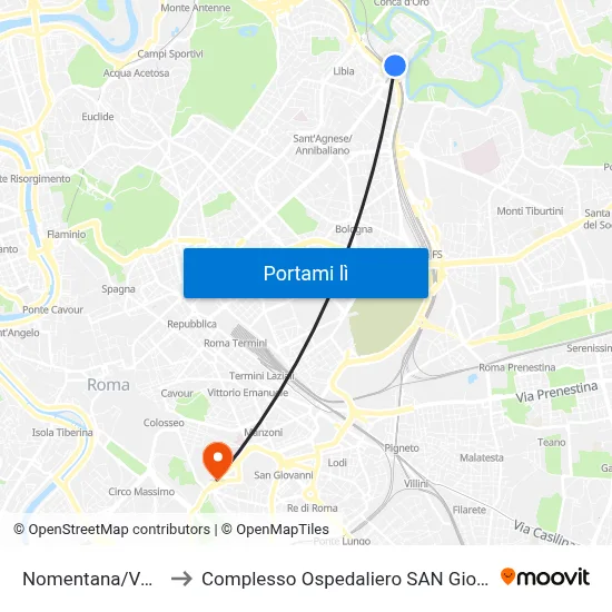 Nomentana/Val D'Aosta to Complesso Ospedaliero SAN Giovanni Addolorata map