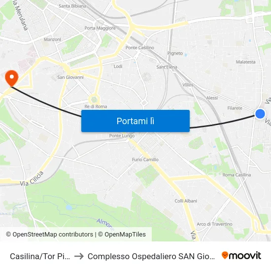 Casilina/Tor Pignattara to Complesso Ospedaliero SAN Giovanni Addolorata map