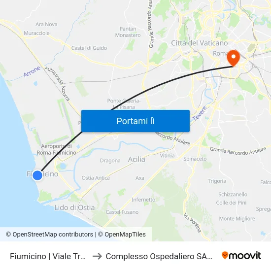 Fiumicino | Viale Traiano (Darsena) to Complesso Ospedaliero SAN Giovanni Addolorata map