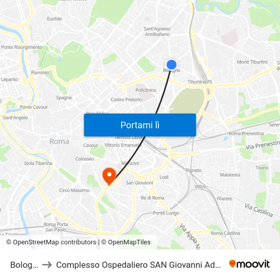 Bologna to Complesso Ospedaliero SAN Giovanni Addolorata map