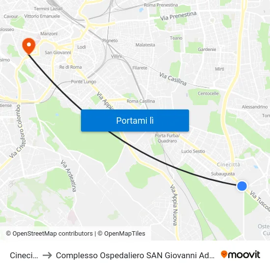 Cinecittà to Complesso Ospedaliero SAN Giovanni Addolorata map