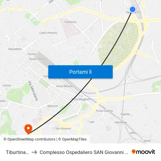 Tiburtina F.S. to Complesso Ospedaliero SAN Giovanni Addolorata map