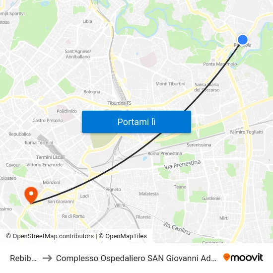 Rebibbia to Complesso Ospedaliero SAN Giovanni Addolorata map