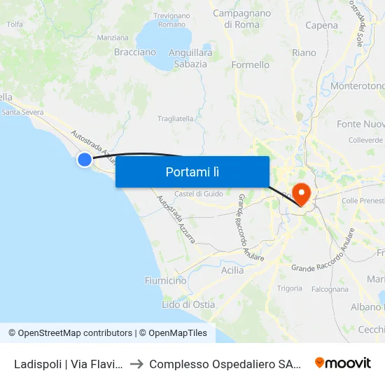 Ladispoli | Via Flavia Via La Spezia to Complesso Ospedaliero SAN Giovanni Addolorata map