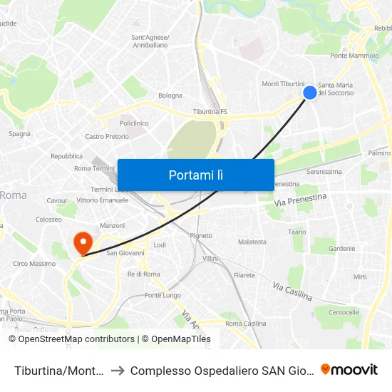 Tiburtina/Monti Tiburtini to Complesso Ospedaliero SAN Giovanni Addolorata map