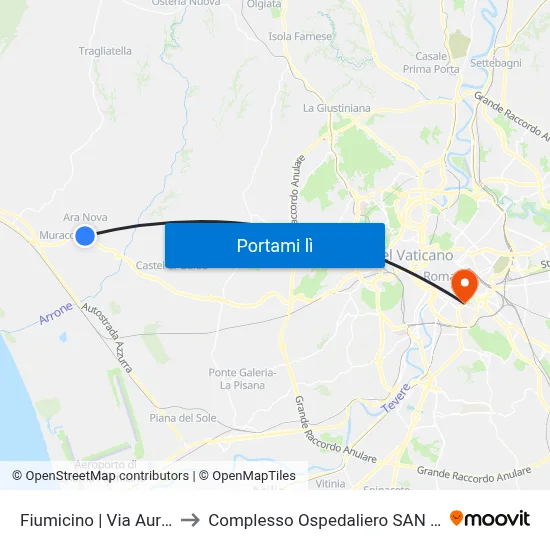 Fiumicino | Via Aurelia (Aranova) to Complesso Ospedaliero SAN Giovanni Addolorata map