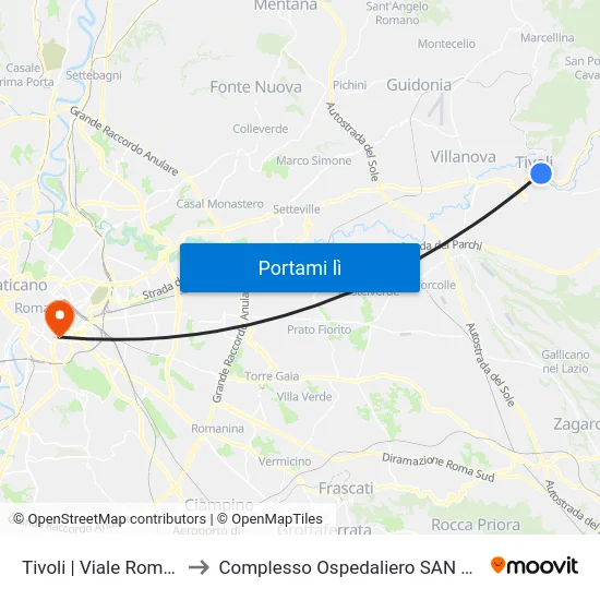 Tivoli | Viale Roma (Ospedale) to Complesso Ospedaliero SAN Giovanni Addolorata map