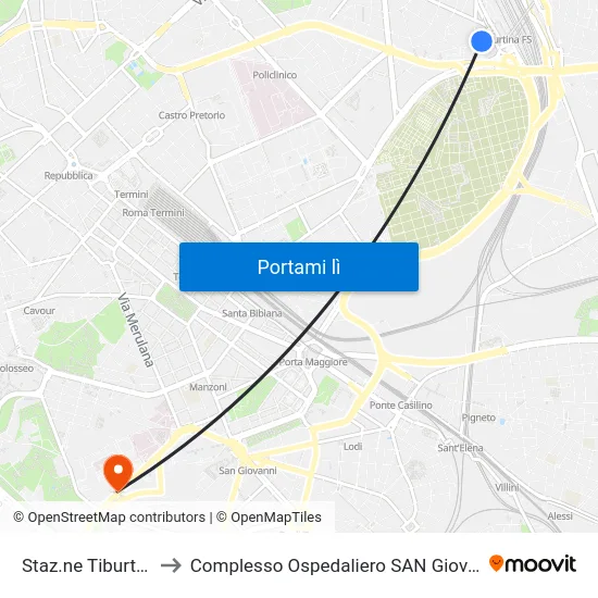 Staz.ne Tiburtina (Mb) to Complesso Ospedaliero SAN Giovanni Addolorata map