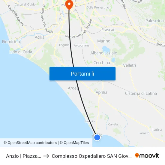 Anzio | Piazza Battisti to Complesso Ospedaliero SAN Giovanni Addolorata map