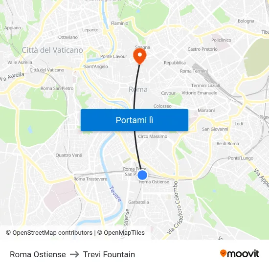 Roma Ostiense to Trevi Fountain map