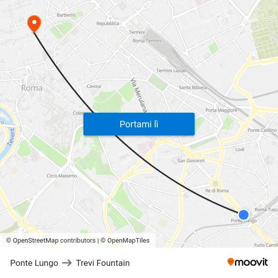 Ponte Lungo to Trevi Fountain map