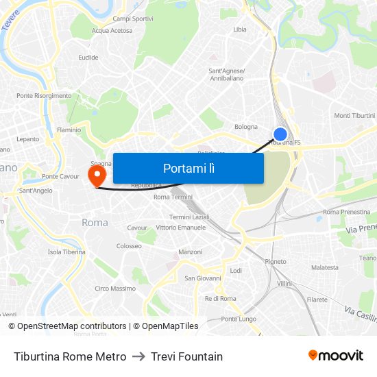 Tiburtina Rome Metro to Trevi Fountain map