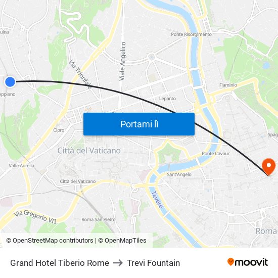 Grand Hotel Tiberio Rome to Trevi Fountain map
