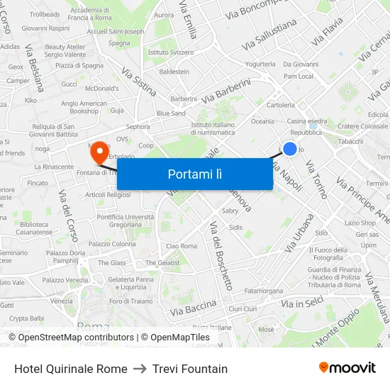 Hotel Quirinale Rome to Trevi Fountain map