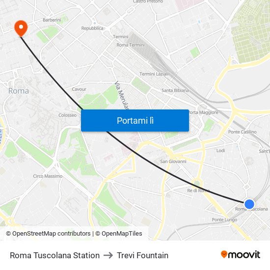 Roma Tuscolana Station to Trevi Fountain map