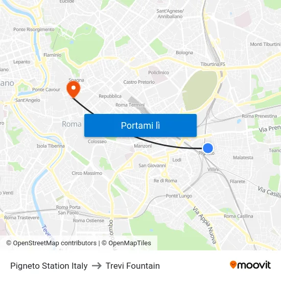 Pigneto Station Italy to Trevi Fountain map