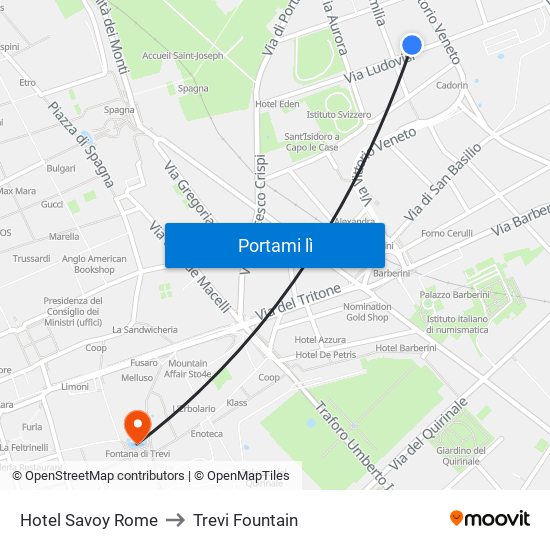 Hotel Savoy Rome to Trevi Fountain map