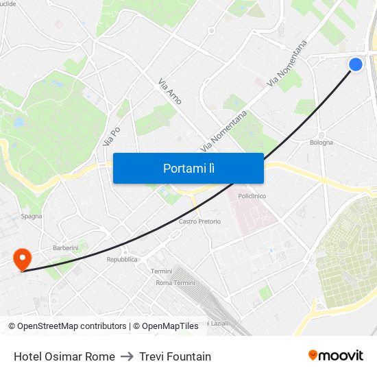 Hotel Osimar Rome to Trevi Fountain map