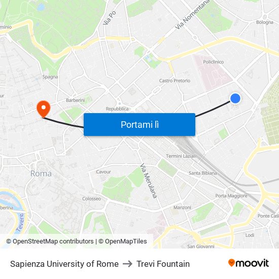 Sapienza University of Rome to Trevi Fountain map