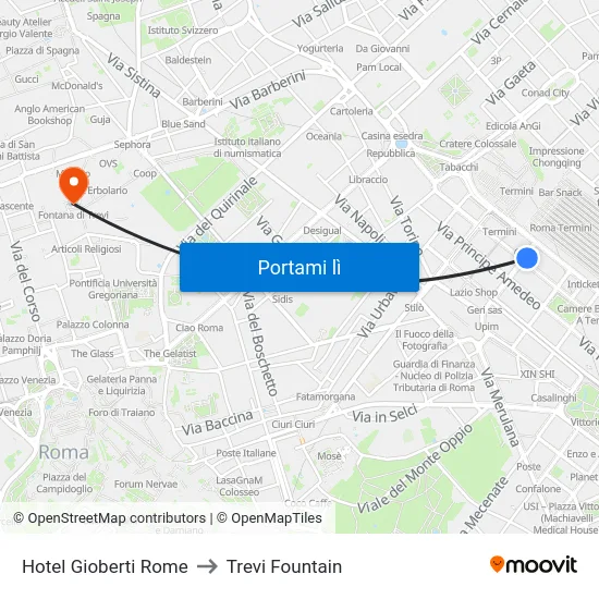 Hotel Gioberti Rome to Trevi Fountain map