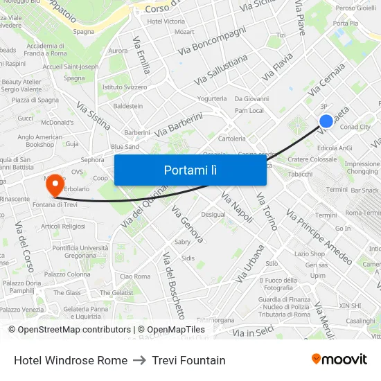 Hotel Windrose Rome to Trevi Fountain map
