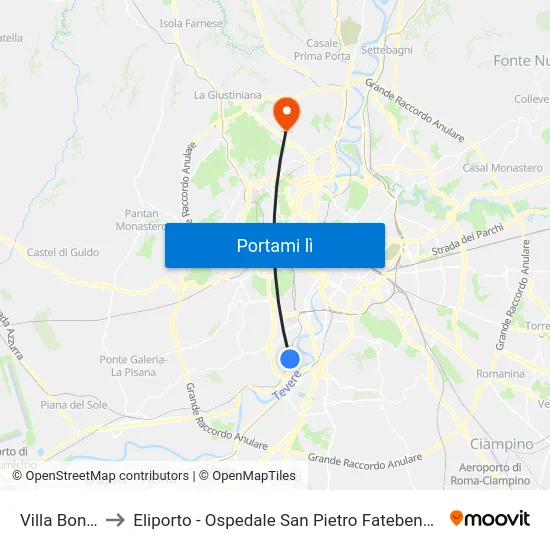 Villa Bonelli to Eliporto - Ospedale San Pietro Fatebenefratelli map