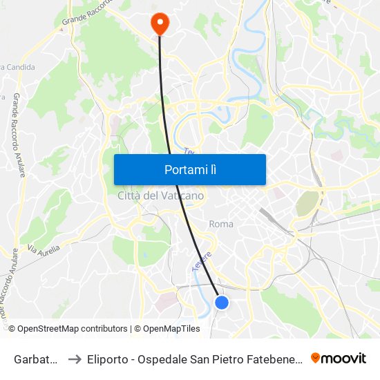 Garbatella to Eliporto - Ospedale San Pietro Fatebenefratelli map