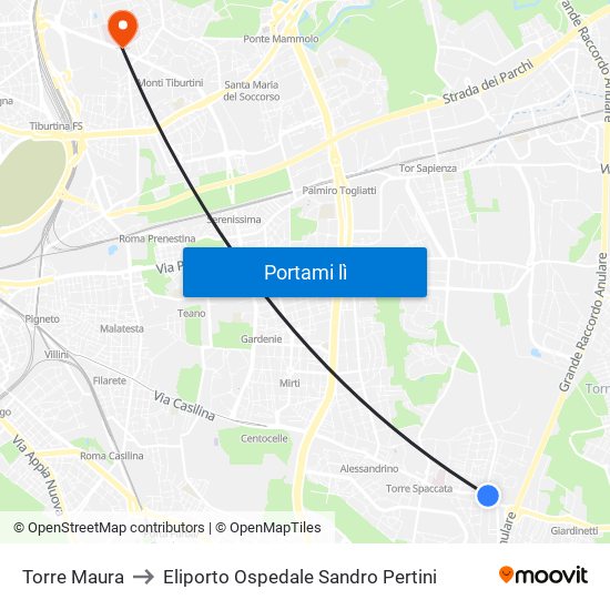 Torre Maura to Eliporto Ospedale Sandro Pertini map